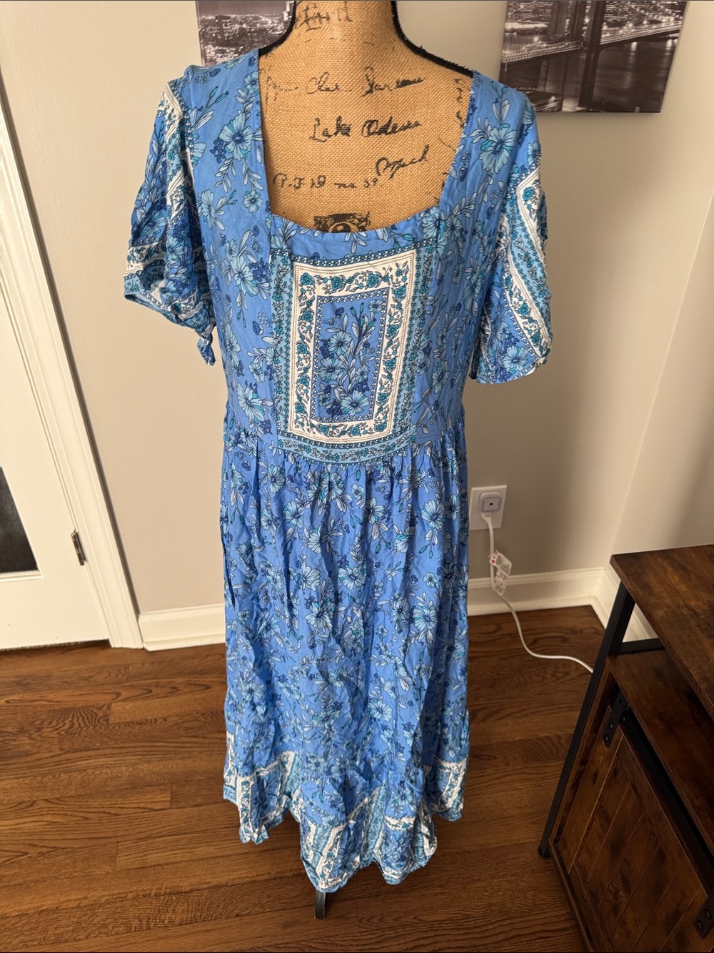 Blue Floral Maxi Dress with Square Neck